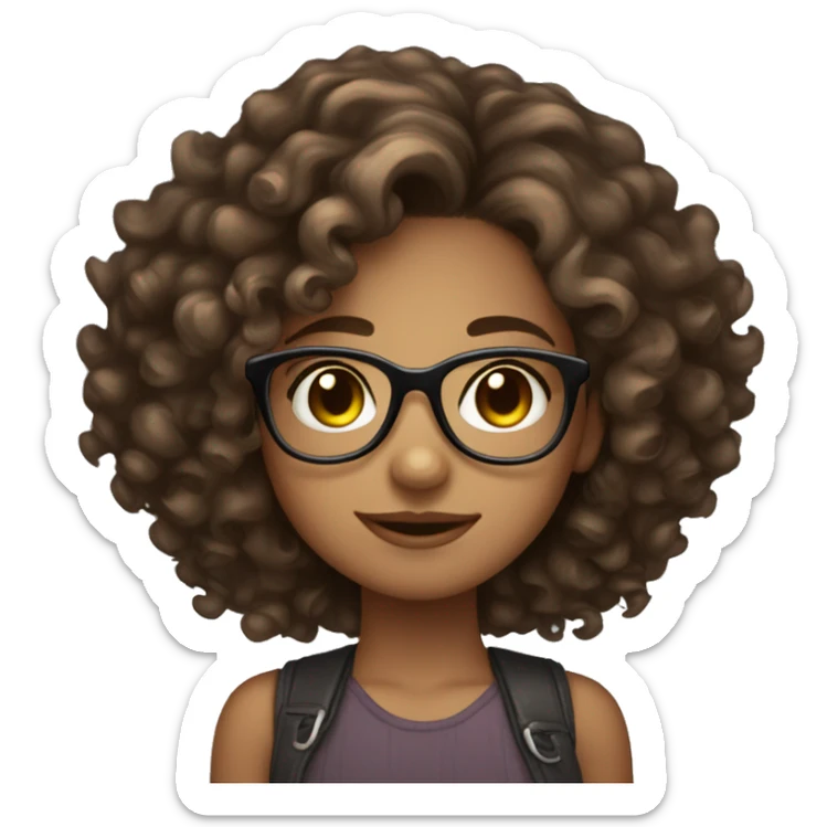 Cute light brown skin girl with curly dark hair and glasses curio sticker