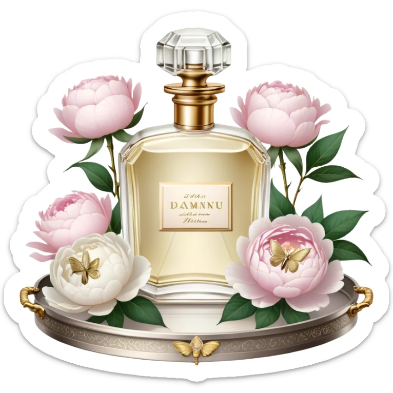 A dreamy still life of a vintage perfume bottle collection with golden embellishments, set on an antique silver tray, surrounded by lush white peonies and soft pink roses, with an iridescent pearl butterfly perched on a golden stopper.
 sticker
