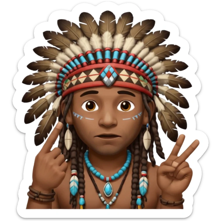 Black American man dark brown with dreads with a American Indian headdress with one finger pointing at his mouth with a yea he lying face sticker