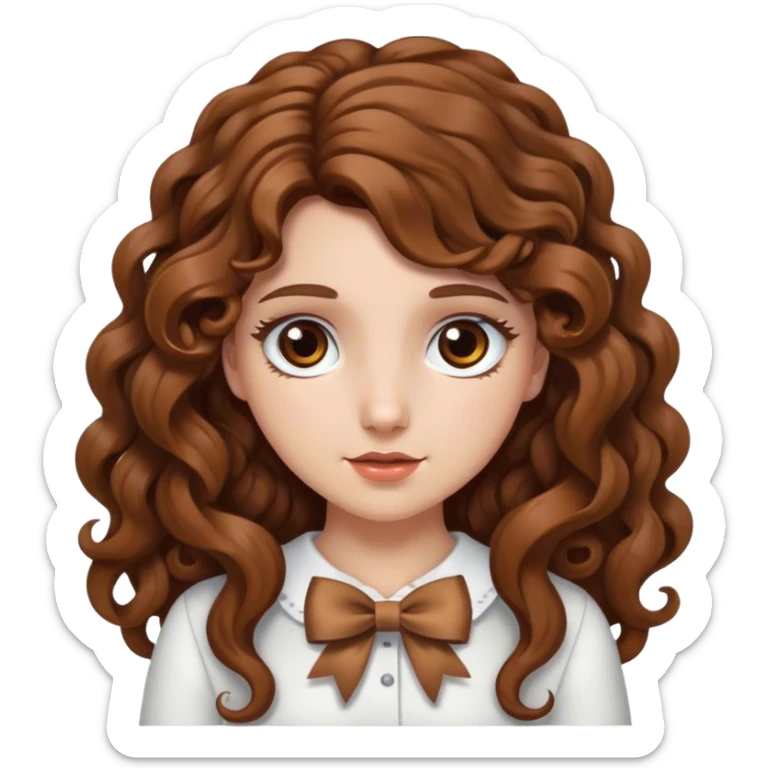 white girl with long brown curly hair and brown eyes and bow in hair sticker