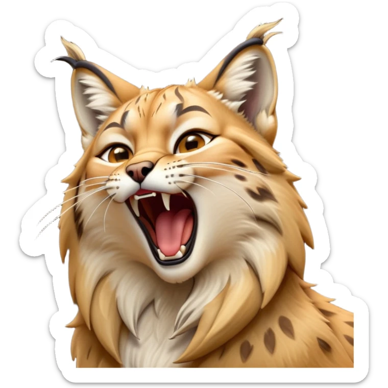 Cinematic-detailed-Yawning-Lynx-Portrait-Emoji – Head tilted slightly with a dramatic, wide-open yawn, revealing a sleek golden-brown fur coat with subtle spots, signature black ear tufts standing tall, round amber eyes barely open in drowsy contentment zoomed out to show the shoulders sticker