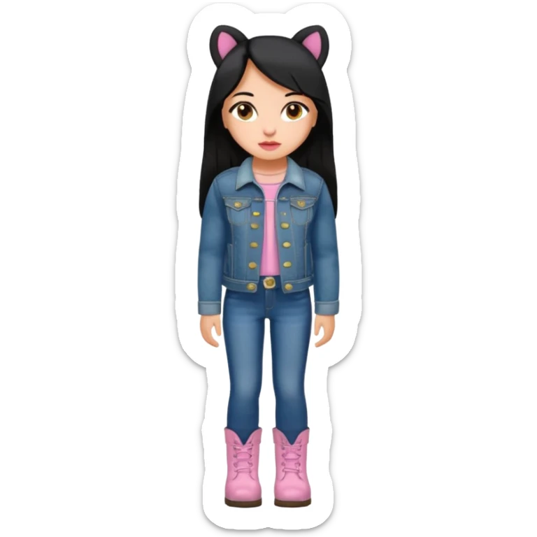 Gordita, ojos pequeños de color cafe oscuro, labios pequeños y rosados, piel trigueña, orejas pequeñas, cabello largo lazio y negro, pequeña. cuerpo completo. vestida con saco jean y botas sticker