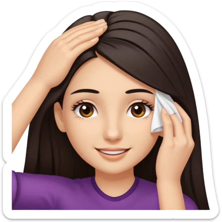 Girl with brown eyes and bold eyelashes and long dark hair wiping her forehead in relief and smiling sticker