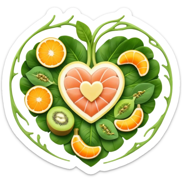 Banana, spinach leaves, salmon, kiwi, pistachios, and orange juice floating in a circle around a glowing heart that pulses with steady rhythm. Waves of electrical energy connect the foods to the heart, muscles, and nerve pathways, showing how potassium regulates fluid balance and electrical signals. sticker