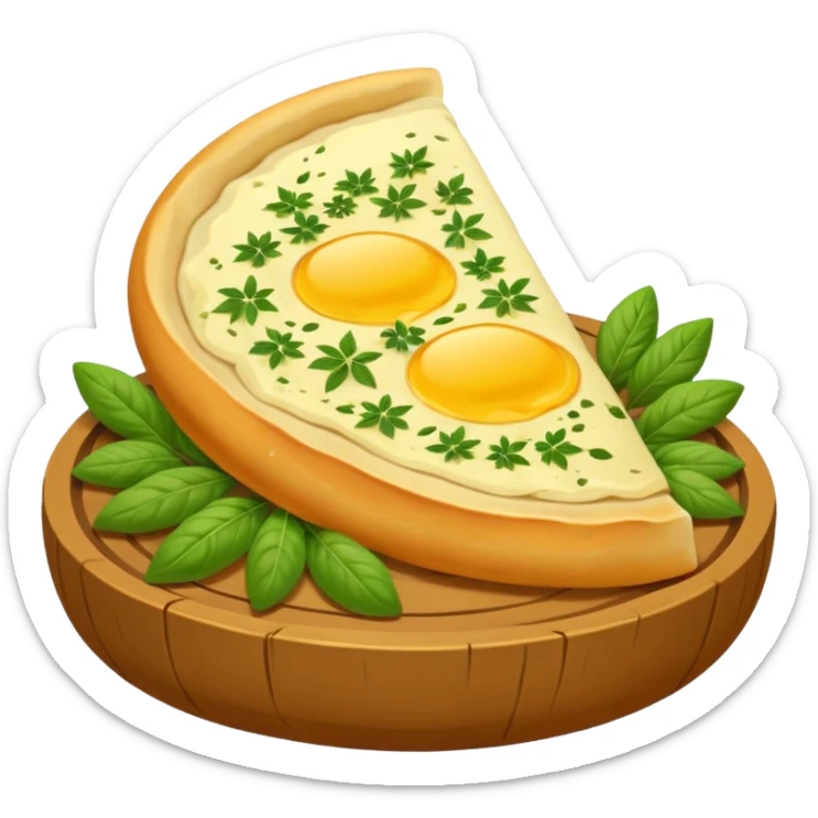 Georgian cuisine avatar in bright emoji-style illustration. Khachapuri and herbs, rich golden and green colors, simple shapes, flat design, strong character. Without human sticker