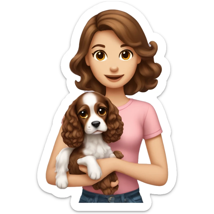 Beautiful stylish girl with brown hair holding in her arms puppy English Cocker Spaniel sticker