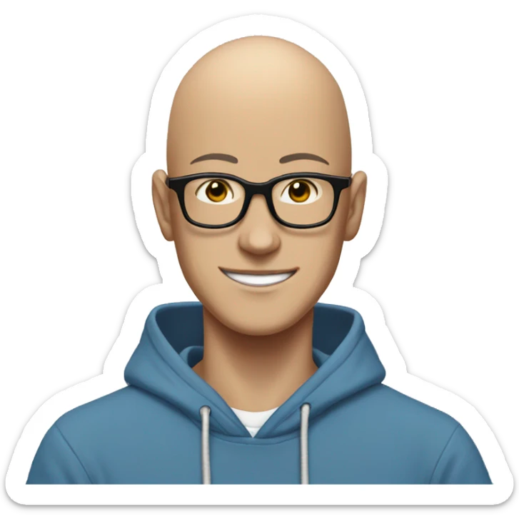 bald saitama in his 20s wearing glasses smiling in a blue hoodie sticker