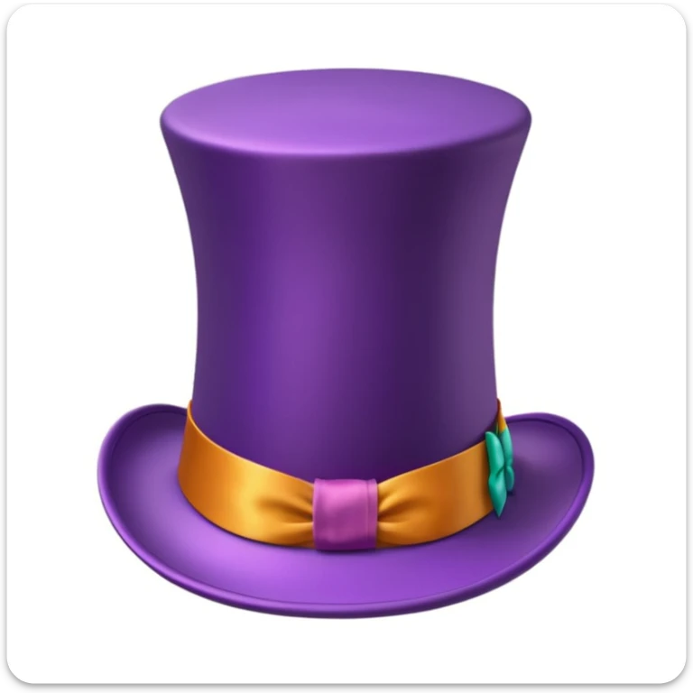 3D emoji of a tall, vintage-style purple top hat with a smooth, slightly glossy surface, wide brim, and a colorful satin ribbon wrapped around the base. Whimsical and elegant, inspired by Willy Wonka’s iconic headwear. Apple-style cartoon finish, soft shadows, clean white background. sticker