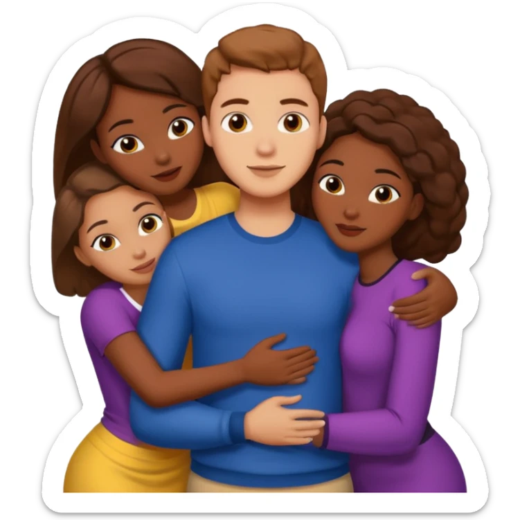 One American Italian young man with brown hair surrounded by three african women with large butts hugging him and each other while massginghis shaft sticker