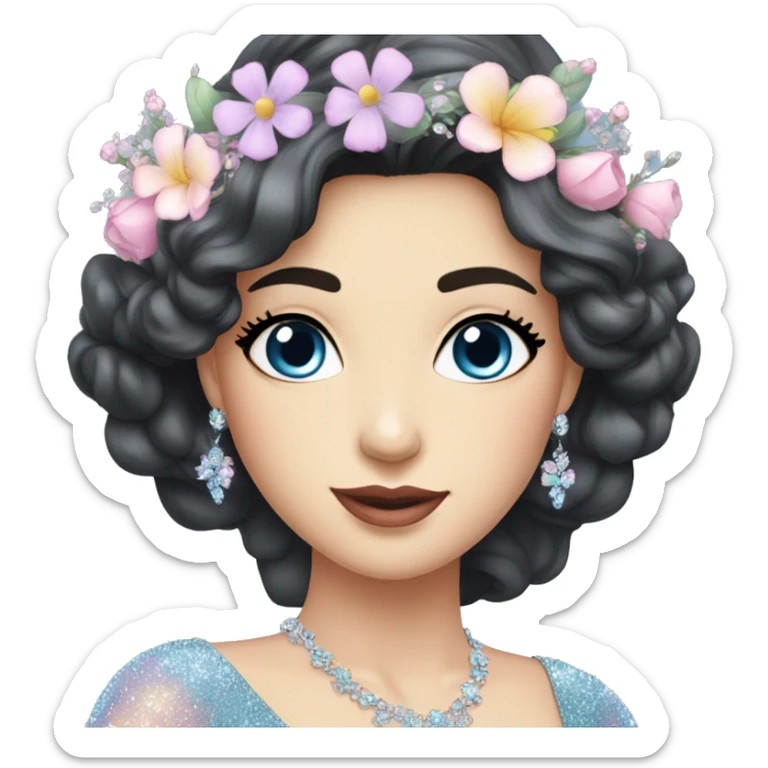 Gorgeous pastel Lady with dark hair blue eyes in a sparkly shiny dress with tiara and necklace and flowers behind her and trending  sticker