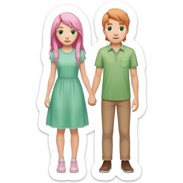 full-length happy couple, girl with long pink hair and green eyes in pastel dress, boy with light brown hair in casual shirt sticker