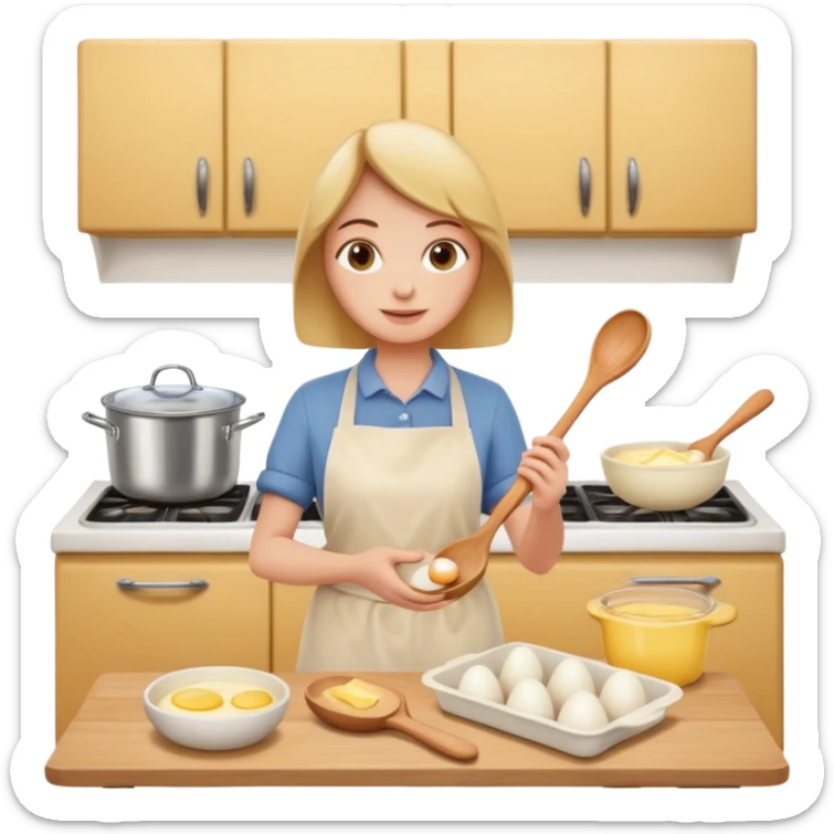 A carton of eggs, butter and a cream ceramic baking bowl with a wooden spoon in it sticker