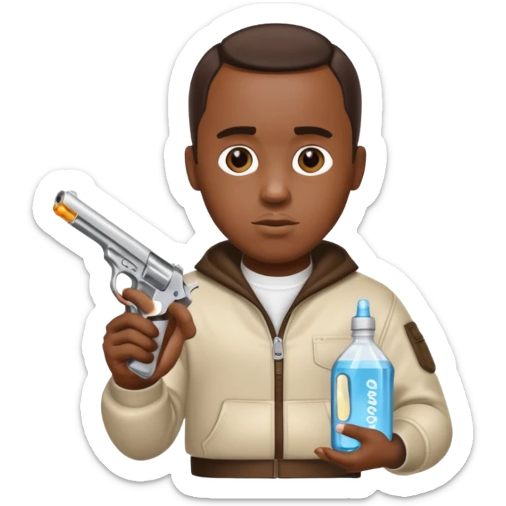 diddy shooting a gun in his right hand and baby oil in his left sticker