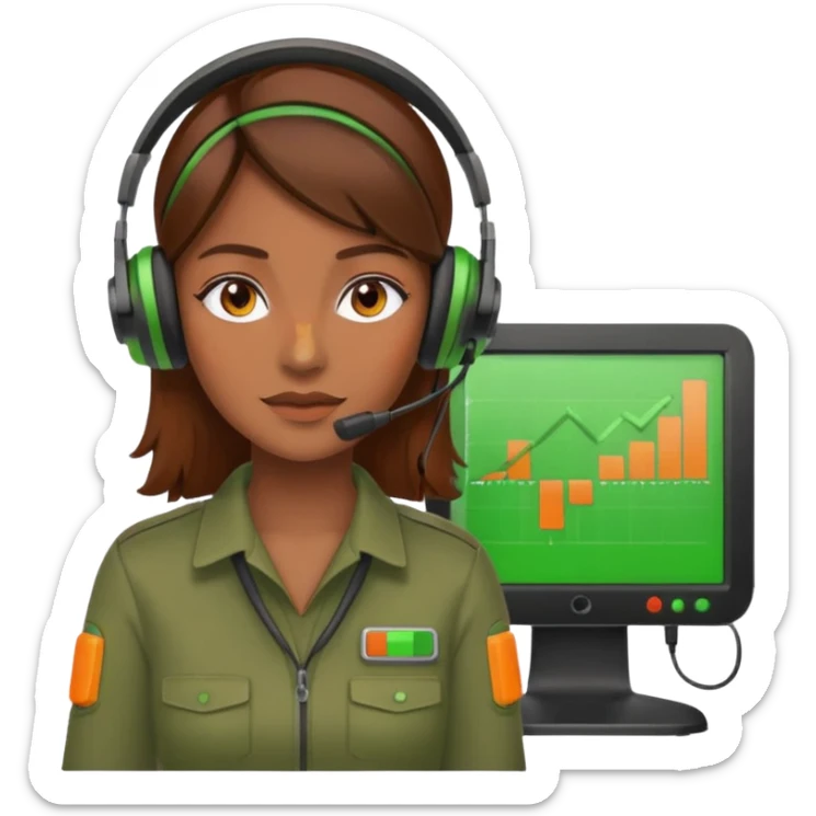 woman, brown hair, wearing a headset. she is controling limits on screen: green = ok, orange = bald überschritten, re = limite überschritten sticker