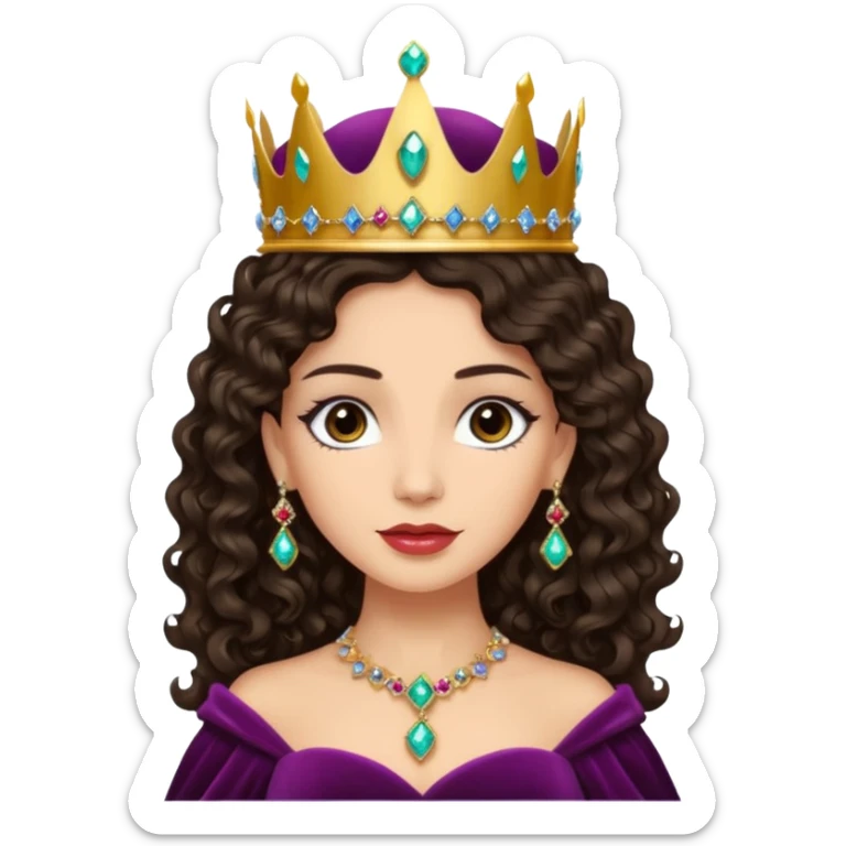 Queen with long dark curly hair, dark brown eyes, light olive skin tone. can you make the skin tone lighter? sticker