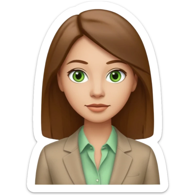 Adult woman avatar, light skin tone, oval face, straight long brown hair, green eyes, neutral mouth, business casual  sticker