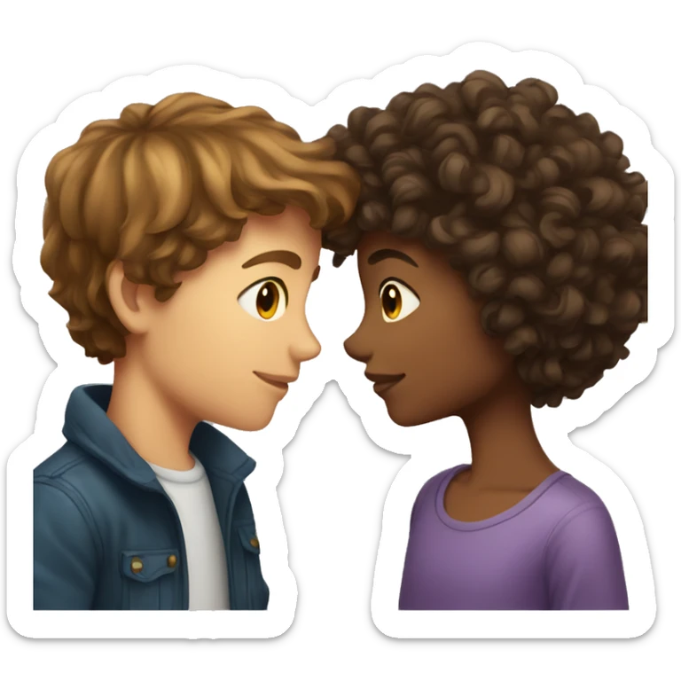 girl with brown long hair kissing a boy with short curly brown hair sticker