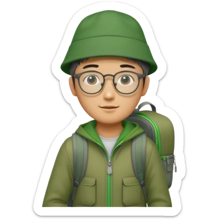 A Korean man with rectangle, frameless glasses, he is skinny and tall, wears a green hat and a green zipper and has a grey backpack and carries a dslr camera  sticker