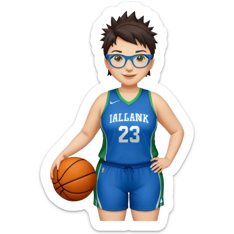 Full Body plus size white female with short dark hair with highlights spike hair wearing blue glasses basketball player wearing blue green uniform smiling sticker