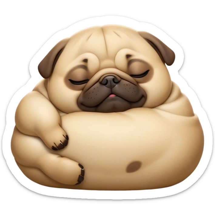 Cinematic Meme-Worthy Chubby Sleeping Fawn Pug Portrait Emoji, Head resting peacefully with a contented smile, showcasing a delightfully chubby build and a luxuriously soft fawn coat, eyes shut in a serene nap, Simplified yet hilariously adorable features, highly detailed, glowing with a soft, drowsy light, high shine, relaxed and utterly lovable, stylized with an air of playful laziness, bright and heartwarming, soft glowing outline, capturing the essence of a comically sleepy companion, so meme-worthy it feels like it could instantly become the next viral sensation of adorable slumber! sticker
