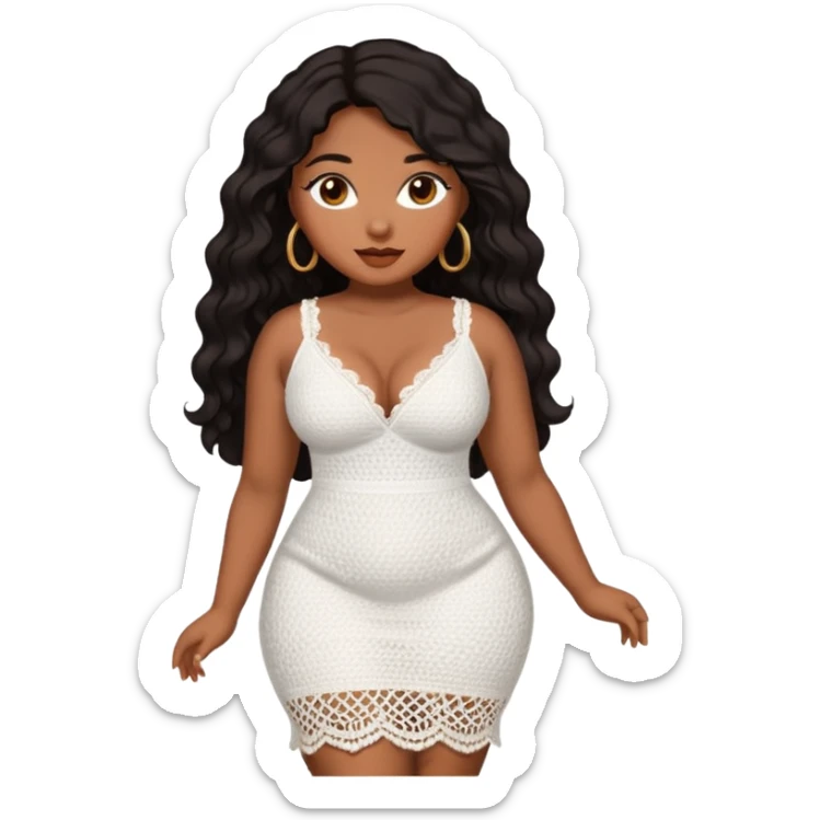 Curvy woman with brown skin with long wavy black hair, brown eyes. She's wearing a white crotchet dress  sticker