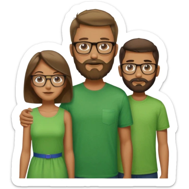 A family consisting of a man who's bearded, tanned, wearing glasses, a woman, slightly tanned, and a 14 year old teenage boy, slightly tanned, wearing a green t-shirt sticker