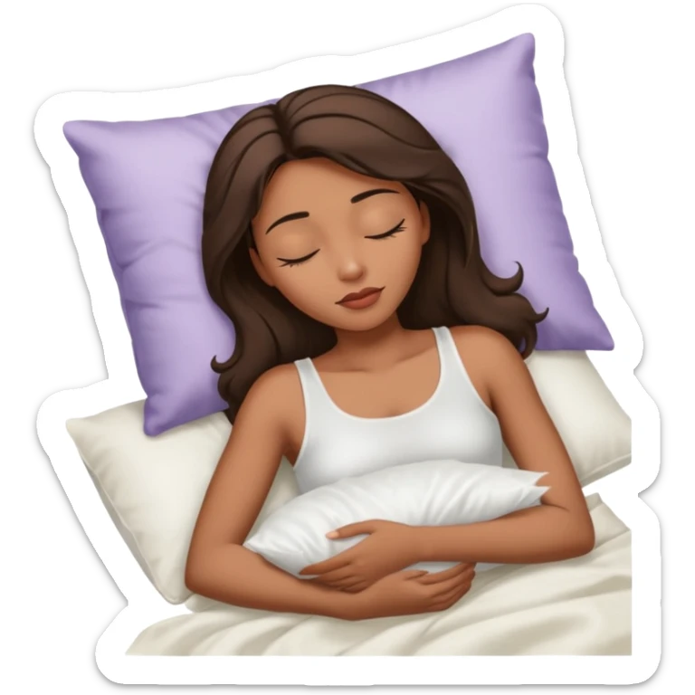 sleeping beauty african american woman with dark brown hair with a white silk pillow, she is sleeping on her side, she is wearing a white tank top sticker