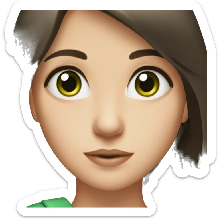 A brunette girl with fair skin and dark green eyes shows a heart sticker