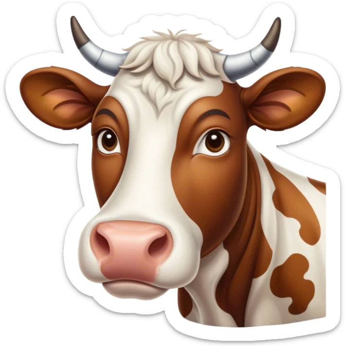 Cinematic Noble Brown and White Cow Portrait Emoji, Poised and regal, with a large, sturdy build and a beautifully patterned hide of rich brown accented by crisp white patches, deep-set soulful brown eyes, Simplified yet sharp and sophisticated features, highly detailed, glowing with a soft, dignified glow, high shine, intelligent and calm, stylized with an air of pastoral majesty, focused and attentive, soft glowing outline, capturing the essence of a watchful and confident bovine guardian, so majestic it feels as though it could amble out of the screen with effortless authority! sticker