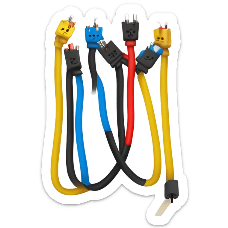  cable electrique, noir cassé, légèrement courbé. Fils : Trois fils colorés (rouge, bleu, jaune) sortent du câble. Effets : Étincelles ou éclairs subtils autour des fils pour suggérer de l'électricité.  sticker