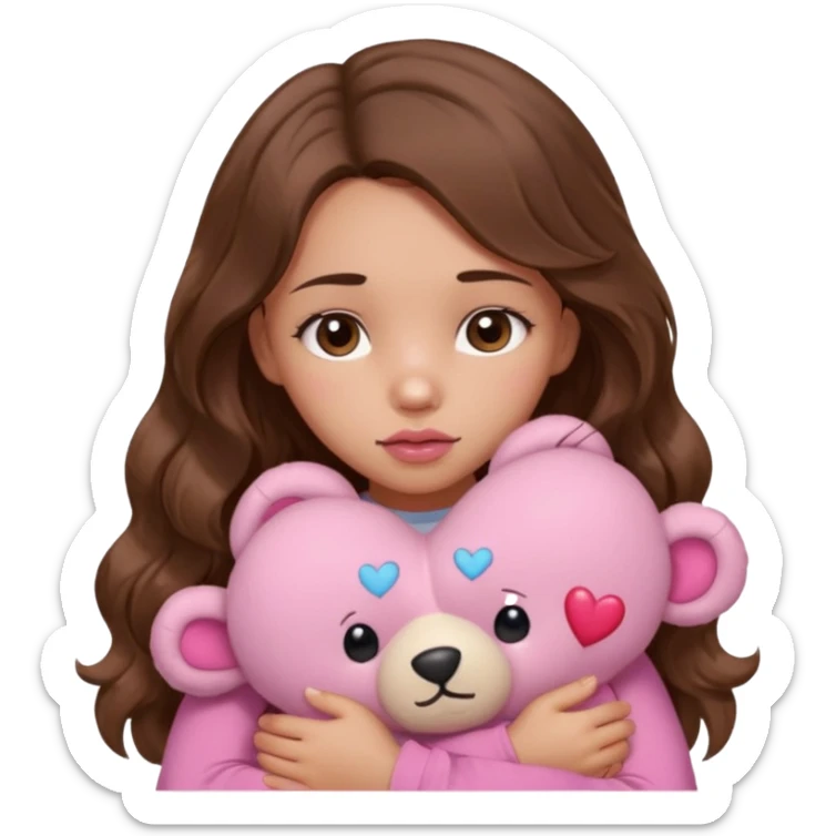 girl with long wavy brown hair, brown eyes, light to medium complexion, in a pink shirt, pink lips, long lashes, sad, hugging squeezing  a teddy bear with hearts sticker