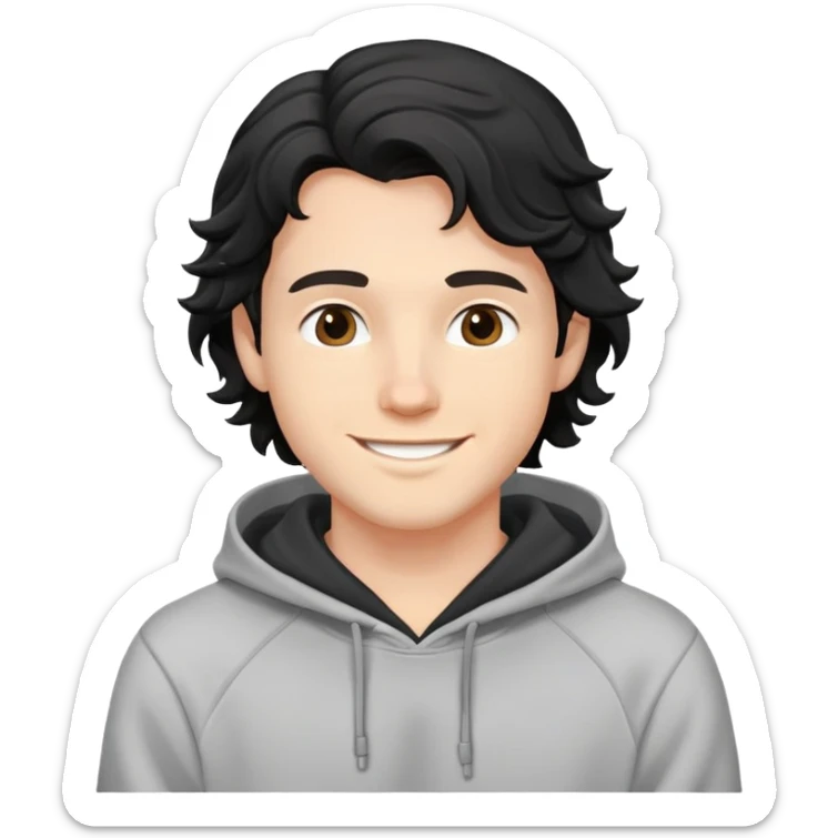 smiling young white male, black wavy hair, wearing a hoodie sticker