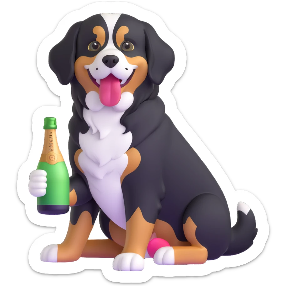 bernese mountain dog with a toy champagne bottle in its mouth, playful pose sticker