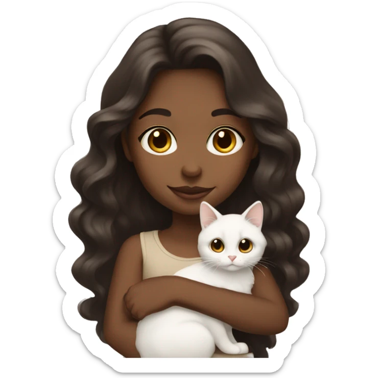 Tan girl with dark brown long wavy hair holding a white cat sticker