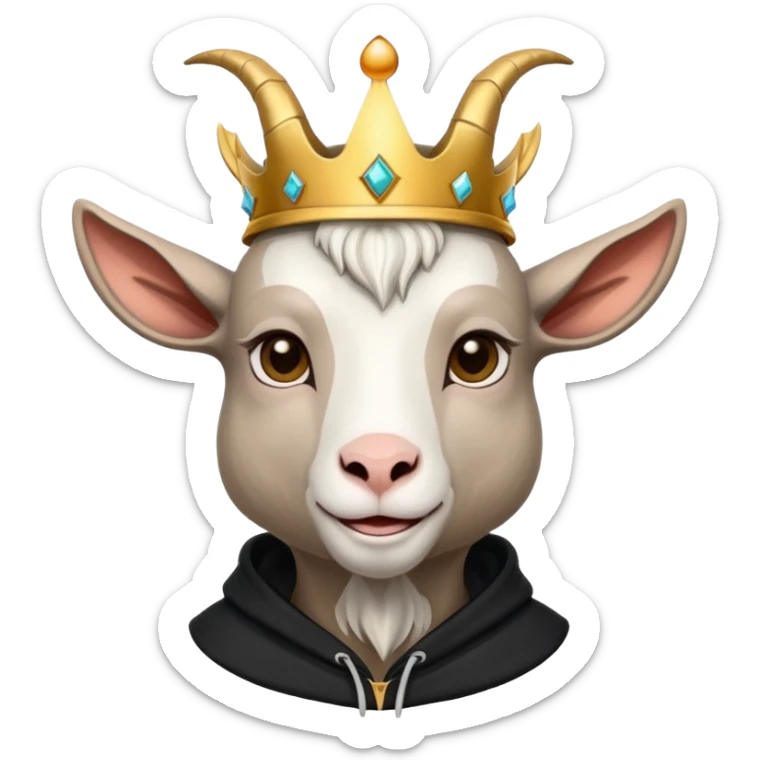 Goat with horns wearing black hoodie and a royal crown love sticker