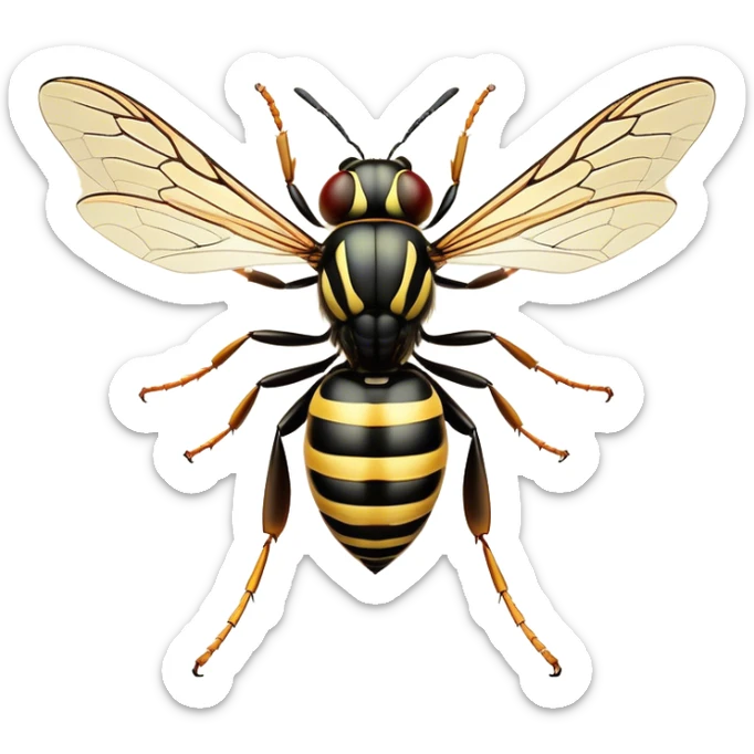Beautiful and Majestic Wasp Portrait Emoji, Head and body rendered in serene repose with a gentle, confident smile, showcasing a refined, streamlined form with delicately patterned stripes and softly closed, focused eyes, Simplified yet exquisitely endearing features, highly detailed, glowing with a soft, drowsy radiance, high shine, relaxed and utterly noble, stylized with an air of regal insect elegance, soft glowing outline, capturing the essence of a beautiful and majestic wasp that embodies the refined power of nature! sticker