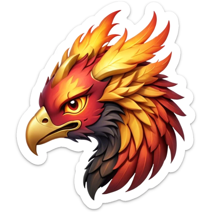 Cinematic Fierce Battle-Hardened Mystical Fire Phoenix Portrait Emoji, head tilted with an aggressive, unwavering gaze that speaks of relentless combat. The flame-kissed form is marked by rugged, charred feathers and vivid battle scars. Its blazing eyes radiate raw intensity and steely resolve, rendered with lifelike detail and stark natural lighting, high shine, channeling an aura of unyielding warlike energy and valor, softened by a dynamic glowing outline that highlights its battle-earned ferocity. sticker