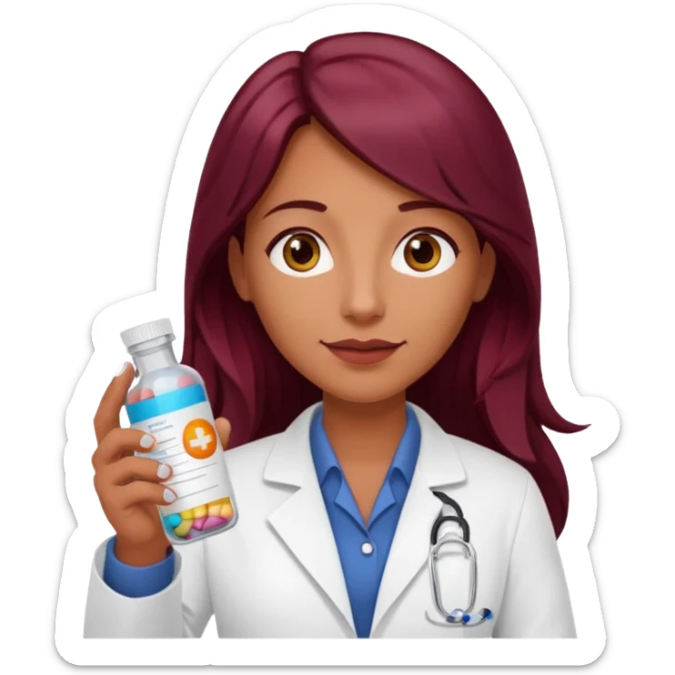pharmacist with tanned skin and long burgundy hair holding prescription bottle pills sticker