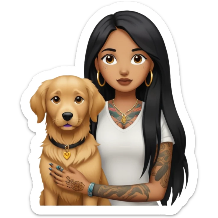 brown girl with long black  straight hair and tattoos and  a golden retriever sticker