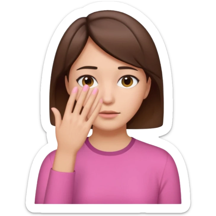 Woman with short brown hair and a pink shirt covering her face with her hand  sticker