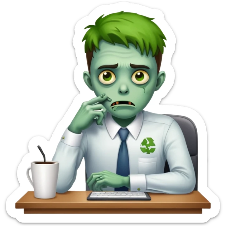 office zombie clerk with green skin looking tired and waiting for a coffee break sticker