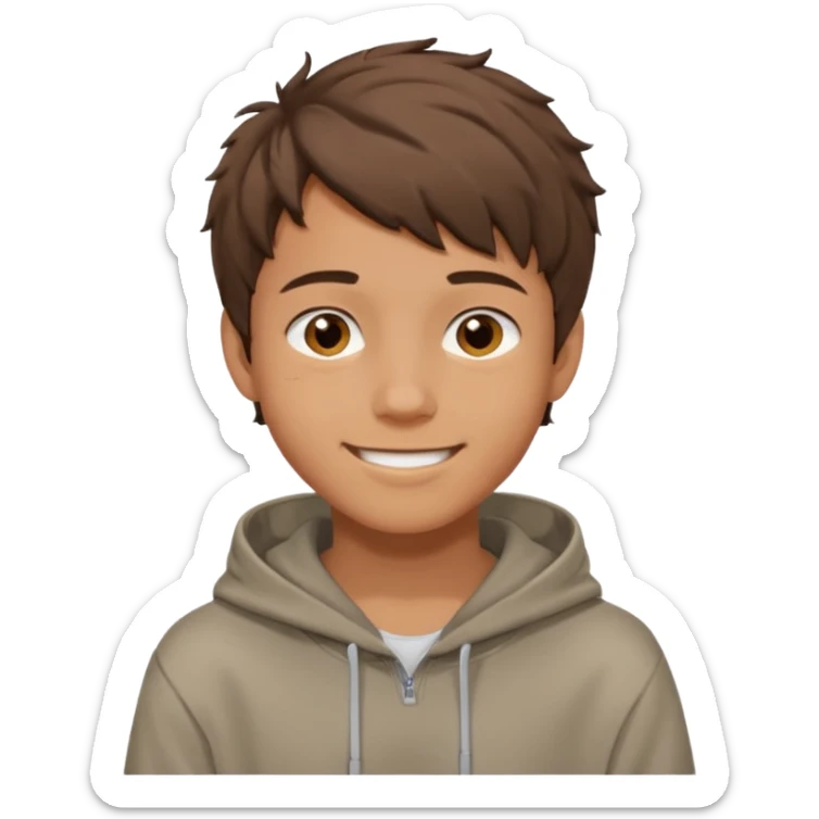 emoji of a teenage boy, short messy brown hair, wearing a hoodie, smiling sticker