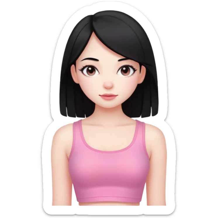Cute girl with black hair long straight with pale skin and with pink crop top coquette sticker