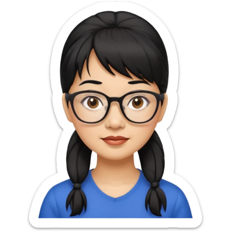 filipino woman black hair in one pony tail with straight bangs and big glasses, 50 yr old sticker