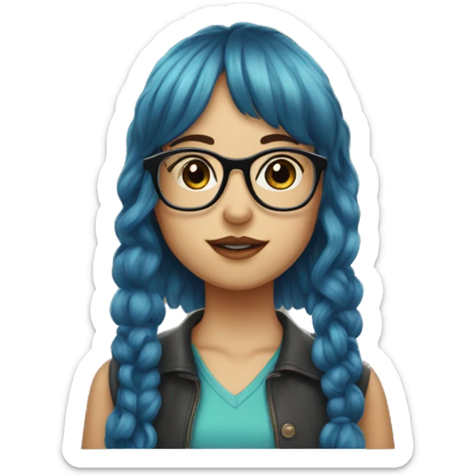 a girl with blue hair and bangs and glasses kissing a girl with curly dark hair and bangs and glasses sticker
