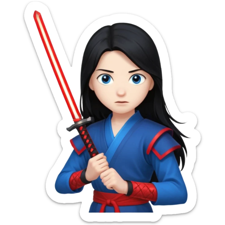 A 14 year old with red glowing katana and his hair be long and eye colour of blur sticker