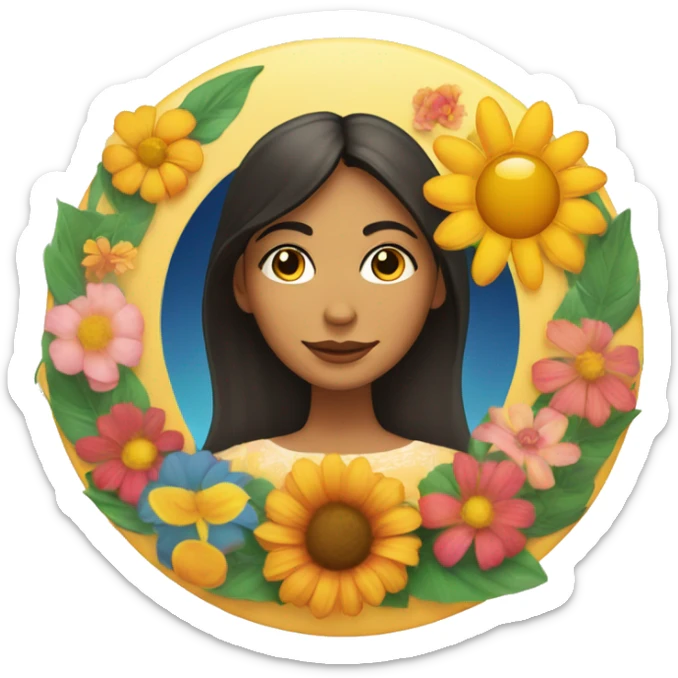 Latino woman's face inside a circle with a moon, flowers, and a sun in a line along the bottom of the circle. sticker