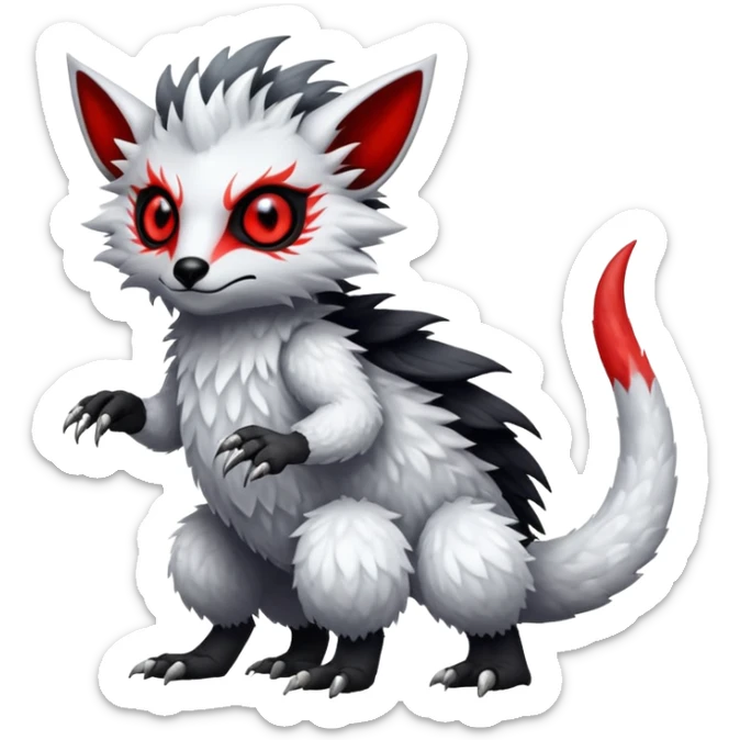 a white and silvery exotic edgy vernid-fionbr-Fakémon-creature, with black belly and red eyes, full body sticker