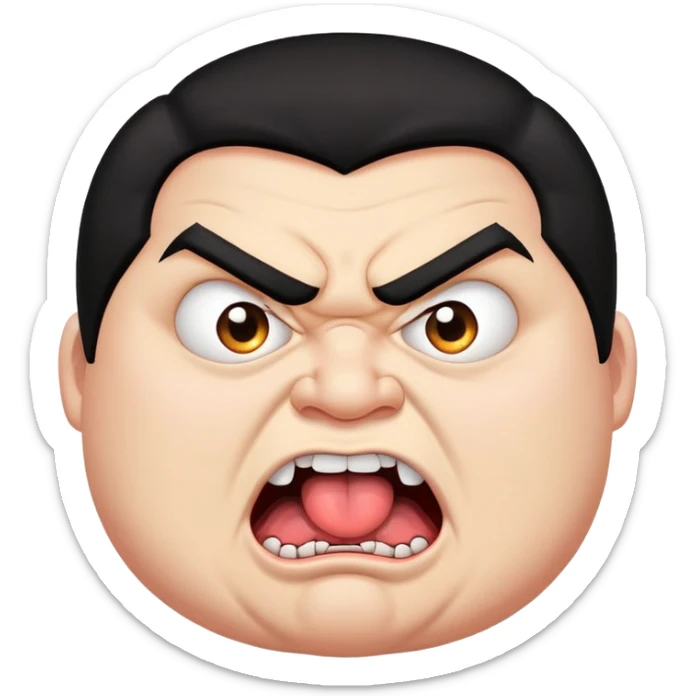 young angry fat man in profile view with black hair, fangs, crossed eyes, long tongue sticking out sticker