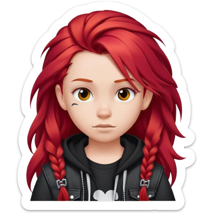 Preteen with long flowing red hair with punk clothes cartoon Disney emoji style sticker
